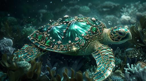 Opulent Sea Turtle Brooch in Luminous Oceanic Scene: Visualize a computer wallpaper featuring a sea turtle brooch, a nod to the amphibian lineage, lavishly adorned with diamonds and sea-green tourmalines. This majestic brooch is set against a dark, luminous background that mirrors the depths of the ocean, using batik abstract techniques and photonegative refractography. The light patterns in the background form a captivating seascape of glowing coral and swaying sea plants, making the turtle brooch stand out as a radiant beacon in the underwater world. The combination of jewel tones and intricate light play creates a striking visual narrative, showcasing the sea turtle as a symbol of aquatic elegance. Prompt created by MegUSN1, M A Aguilar --ar 16:9 --v 6.0 --s 250 --style raw