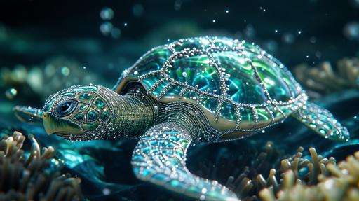 Opulent Sea Turtle Brooch in Luminous Oceanic Scene: Visualize a computer wallpaper featuring a sea turtle brooch, a nod to the amphibian lineage, lavishly adorned with diamonds and sea-green tourmalines. This majestic brooch is set against a dark, luminous background that mirrors the depths of the ocean, using batik abstract techniques and photonegative refractography. The light patterns in the background form a captivating seascape of glowing coral and swaying sea plants, making the turtle brooch stand out as a radiant beacon in the underwater world. The combination of jewel tones and intricate light play creates a striking visual narrative, showcasing the sea turtle as a symbol of aquatic elegance. Prompt created by MegUSN1, M A Aguilar --ar 16:9 --v 6.0 --s 250 --style raw