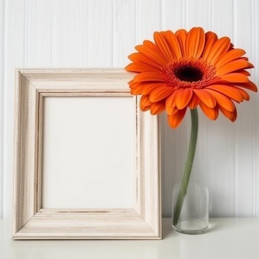 Orange Flower Beside the Picture Frame. Picture Frame, Gerbera, Vertical Shot, Tutankhamun, Ancient, White Background, Decoration, Orange Flower. Use a NIKON D7100 camera with a 35mm at F5.6 aperture setting. --style raw --s 750