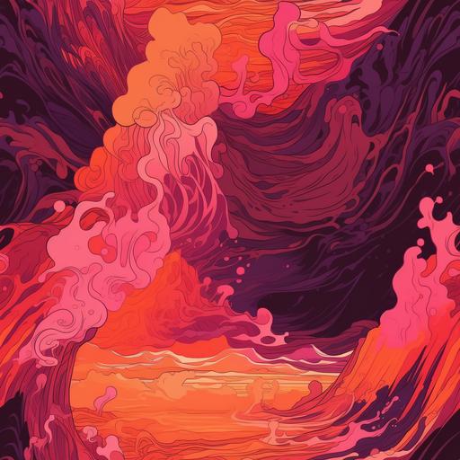 Orange and pink lava flowing over a wall crashing into the ocean surf poster --tile --v 5