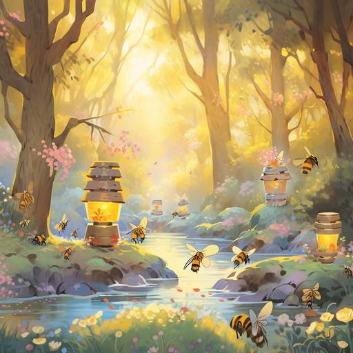 Orderly bees, Organised beehives in town, Bees guided by their queen, Same direction, Enchanted forest, Stylised trees in vibrant colours, Sunlight filtering through the leaves, Peaceful river meandering through the forest Gentle, soothing waterfalls, A well-defined path leading to the horizon, Bordered by flowers and lush vegetation, Splashes of magical golden light Twinkling, sparkling stars, environment concept art from Cuphead, raw style, exxagarted proportions, flat 2d style --niji 5