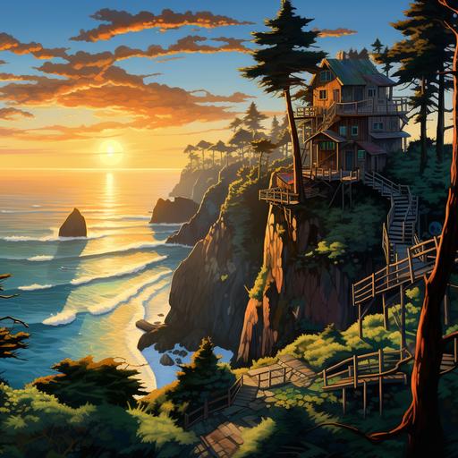 Oregon coast cliffs, treehouse, hyperealism, sunrise, cartoon
