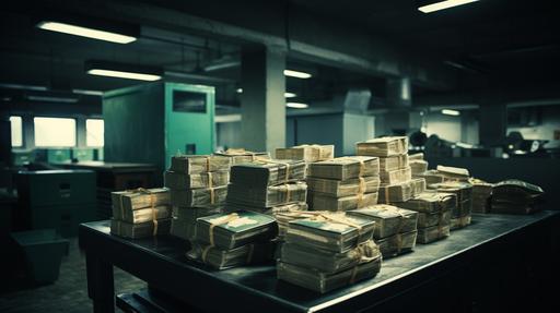 Organized Stacks of money on tables in the basement counting room of a bank. 1970s style and look. Cinematic lighting. realistic. shot of kodachrome film. --v 5.2 --ar 16:9