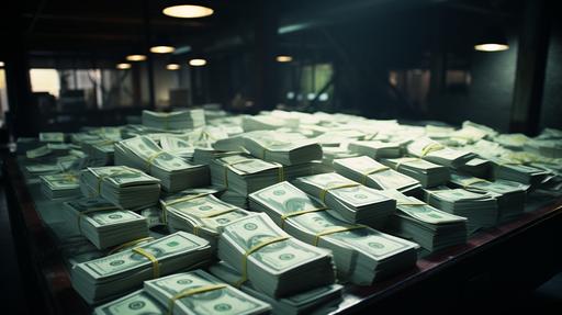 Organized Stacks of money on tables in the basement counting room of a bank. 1970s style and look. Cinematic lighting. realistic. shot of kodachrome film. --v 5.2 --ar 16:9