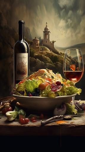 salad and wine, highly artistic, high detail, like dali, fullhd, wallpaper --ar 9:16 --q 2 --s 750 --v 5
