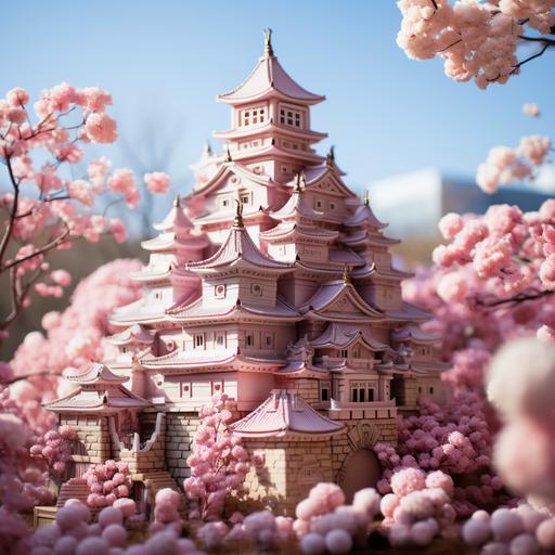 Osaka Castle in Barbie world, without Barbie doll, pinky bubbles, blue sky, fluffy little items, pink poodles --s 750