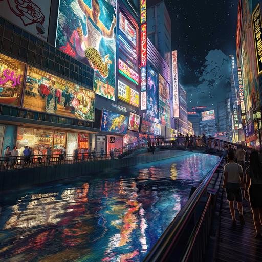 Osaka dotonbori entertainment district reimagined in 100 years with bioluminescent neon on the building, The people and the virtual twins walk over the bridge where Glico Man still raises his arms in triumph from winning the race. Blend photorealism with anime style. --v 6.0