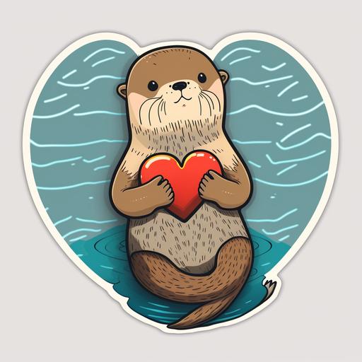 Otter holding a heart-shaped floatie, sticker design, cartoon,