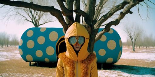 strange humanoïde under a broken tree, with furry mask on eyes, wearing futuristic hoodie, in front of yurts, futuristic, fashion campaign, photographed by Nadia Lee cohen, 35mm film, full colour Wes Anderson colour palette, SLR, kodak portra ISO 160, 16k, super detailed, 9:16 aspect ratio, --ar 2:1