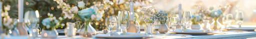 Outdoor wedding long table setting with and pastel decorations, few field flowers in vases on the table, table served with dining plates, bowls, silverware, candles, champagne glasses, photorealistic, editorial, precise detail, modern --ar 657:100