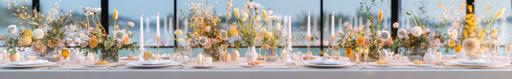 Outdoor wedding long table setting with and pastel decorations, few field flowers in vases on the table, table served with dining plates, bowls, silverware, candles, champagne glasses, photorealistic, editorial, precise detail, modern --ar 657:100 --v 6.0