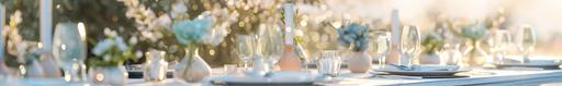 Outdoor wedding long table setting with and pastel decorations, few field flowers in vases on the table, table served with dining plates, bowls, silverware, candles, champagne glasses, photorealistic, editorial, precise detail, modern --ar 657:100 --v 6.0