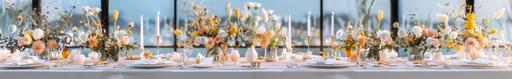 Outdoor wedding long table setting with and pastel decorations, few field flowers in vases on the table, table served with dining plates, bowls, silverware, candles, champagne glasses, photorealistic, editorial, precise detail, modern --ar 657:100