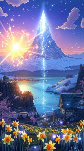 Outdoors, Snowy mountian at the end of horizon, daffodils, lake, sunrise, exploding sun from the left, giant crystal cave, glowing stars, blue sky and a while glowing line spliting the sky from the horizon, anime themed houses on the lakeside --ar 9:16 --v 6.0 --no do not generate crystle shapes