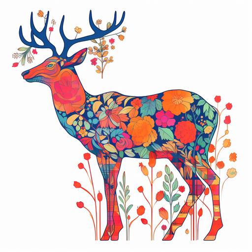 Outline of a deer from the side in style of simple minimalistic ink art. The outline if covered by colorful flowers and plants, inspired by the style of Hiroki Takeda. The focus should be on intricate floral patterns and vibrant colors. The overall composition should resemble a deer, with the flowers and plants forming its body, antlers, and facial features. Pay attention to the details and create a visually appealing and harmonious artwork.