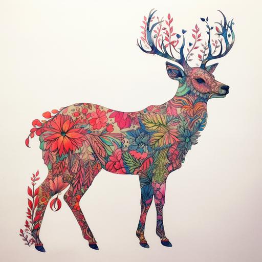 Outline of a deer from the side in style of simple minimalistic ink art. The outline if covered by colorful flowers and plants, inspired by the style of Hiroki Takeda. The focus should be on intricate floral patterns and vibrant colors. The overall composition should resemble a deer, with the flowers and plants forming its body, antlers, and facial features. Pay attention to the details and create a visually appealing and harmonious artwork.