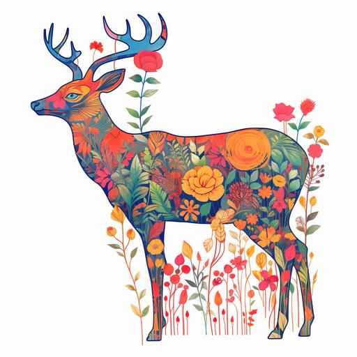 Outline of a deer from the side in style of simple minimalistic ink art. The outline if covered by colorful flowers and plants, inspired by the style of Hiroki Takeda. The focus should be on intricate floral patterns and vibrant colors. The overall composition should resemble a deer, with the flowers and plants forming its body, antlers, and facial features. Pay attention to the details and create a visually appealing and harmonious artwork.