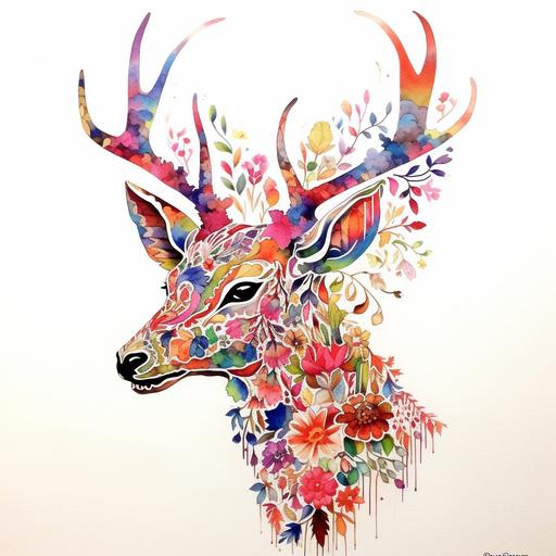 Outline of a deer from the side in style of simple minimalistic ink art. The outline if covered by colorful flowers and plants, inspired by the style of Hiroki Takeda. The focus should be on intricate floral patterns and vibrant colors. The overall composition should resemble a deer, with the flowers and plants forming its body, antlers, and facial features. Pay attention to the details and create a visually appealing and harmonious artwork.