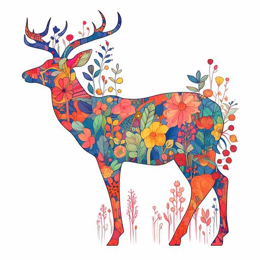 Outline of a deer from the side in style of simple minimalistic ink art. The outline if covered by colorful flowers and plants, inspired by the style of Hiroki Takeda. The focus should be on intricate floral patterns and vibrant colors. The overall composition should resemble a deer, with the flowers and plants forming its body, antlers, and facial features. Pay attention to the details and create a visually appealing and harmonious artwork.