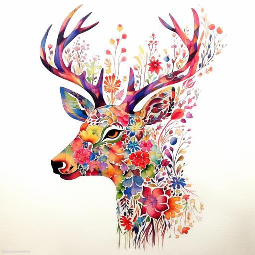 Outline of a deer from the side in style of simple minimalistic ink art. The outline if covered by colorful flowers and plants, inspired by the style of Hiroki Takeda. The focus should be on intricate floral patterns and vibrant colors. The overall composition should resemble a deer, with the flowers and plants forming its body, antlers, and facial features. Pay attention to the details and create a visually appealing and harmonious artwork.