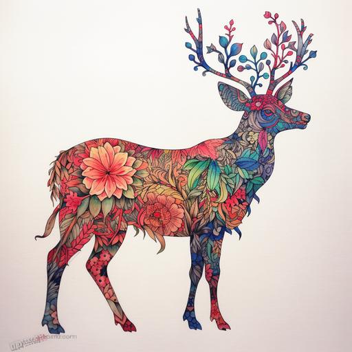 Outline of a deer from the side in style of simple minimalistic ink art. The outline if covered by colorful flowers and plants, inspired by the style of Hiroki Takeda. The focus should be on intricate floral patterns and vibrant colors. The overall composition should resemble a deer, with the flowers and plants forming its body, antlers, and facial features. Pay attention to the details and create a visually appealing and harmonious artwork.