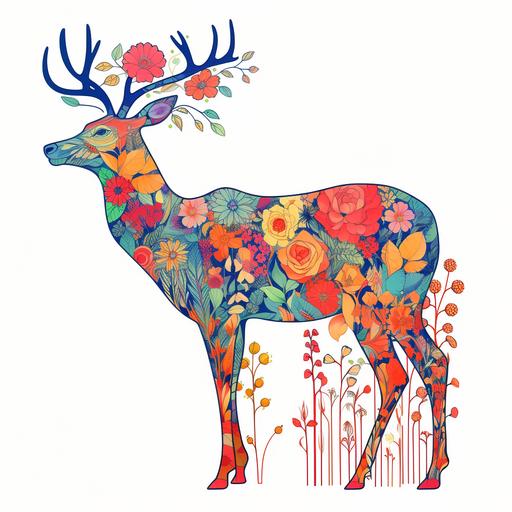 Outline of a deer from the side in style of simple minimalistic ink art. The outline if covered by colorful flowers and plants, inspired by the style of Hiroki Takeda. The focus should be on intricate floral patterns and vibrant colors. The overall composition should resemble a deer, with the flowers and plants forming its body, antlers, and facial features. Pay attention to the details and create a visually appealing and harmonious artwork.