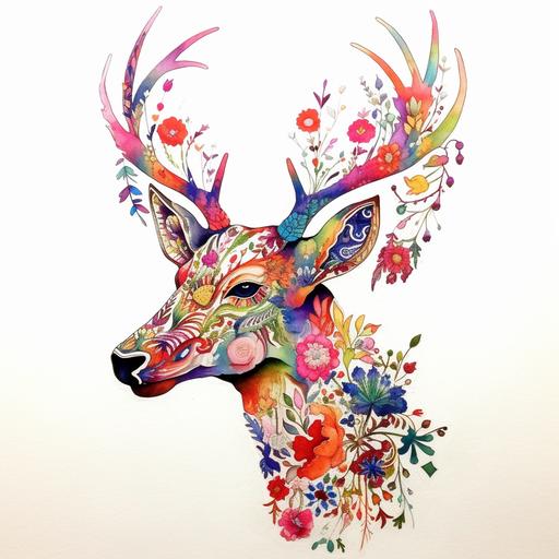 Outline of a deer from the side in style of simple minimalistic ink art. The outline if covered by colorful flowers and plants, inspired by the style of Hiroki Takeda. The focus should be on intricate floral patterns and vibrant colors. The overall composition should resemble a deer, with the flowers and plants forming its body, antlers, and facial features. Pay attention to the details and create a visually appealing and harmonious artwork.