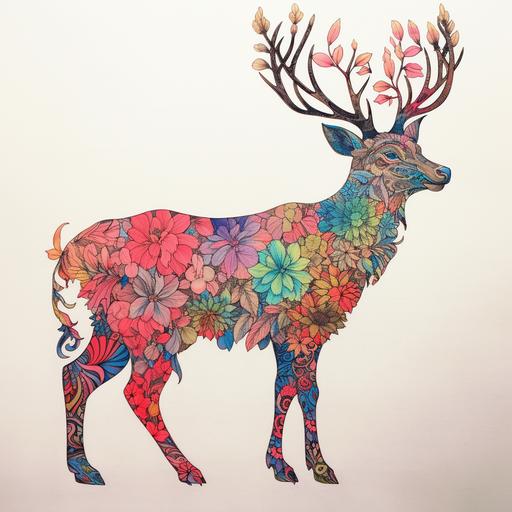 Outline of a deer from the side in style of simple minimalistic ink art. The outline if covered by colorful flowers and plants, inspired by the style of Hiroki Takeda. The focus should be on intricate floral patterns and vibrant colors. The overall composition should resemble a deer, with the flowers and plants forming its body, antlers, and facial features. Pay attention to the details and create a visually appealing and harmonious artwork.