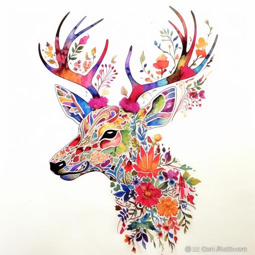 Outline of a deer from the side in style of simple minimalistic ink art. The outline if covered by colorful flowers and plants, inspired by the style of Hiroki Takeda. The focus should be on intricate floral patterns and vibrant colors. The overall composition should resemble a deer, with the flowers and plants forming its body, antlers, and facial features. Pay attention to the details and create a visually appealing and harmonious artwork.