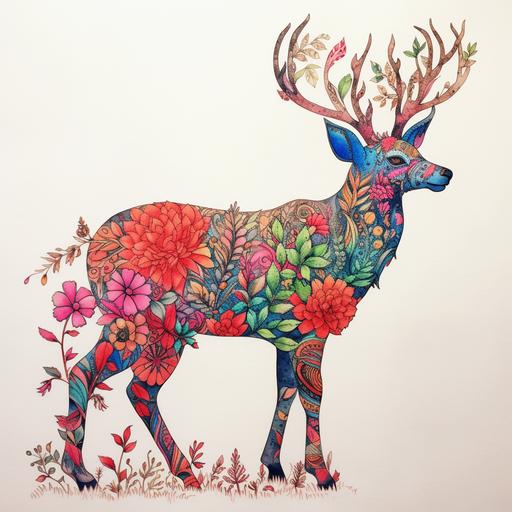 Outline of a deer from the side in style of simple minimalistic ink art. The outline if covered by colorful flowers and plants, inspired by the style of Hiroki Takeda. The focus should be on intricate floral patterns and vibrant colors. The overall composition should resemble a deer, with the flowers and plants forming its body, antlers, and facial features. Pay attention to the details and create a visually appealing and harmonious artwork.