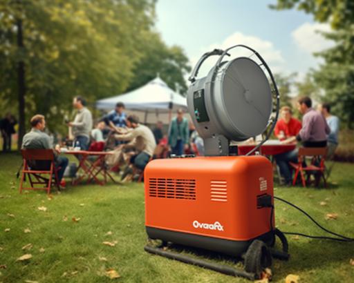 Outside, there is a green lawn on the ground, and in the background is a group of people wearing blue sportswear, having a happy picnic outdoors. On the grass is an orange generator with a black frame. Qpower printed on the orange generator set, realistic, professional photography, 1600k. --ar 5:4