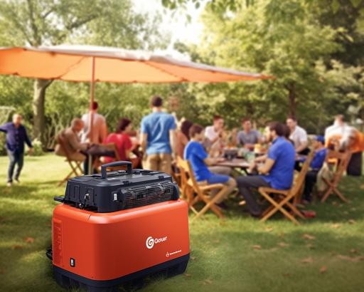 Outside, there is a green lawn on the ground, and in the background is a group of people wearing blue sportswear, having a happy picnic outdoors. On the grass is an orange generator with a black frame. Qpower printed on the orange generator set, realistic, professional photography, 1600k. --ar 5:4