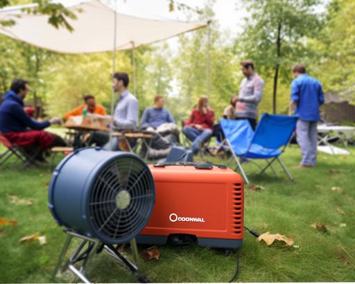 Outside, there is a green lawn on the ground, and in the background is a group of people wearing blue sportswear, having a happy picnic outdoors. On the grass is an orange generator. Qpower printed on the orange generator set, realistic, professional photography, 1600k. --ar 5:4