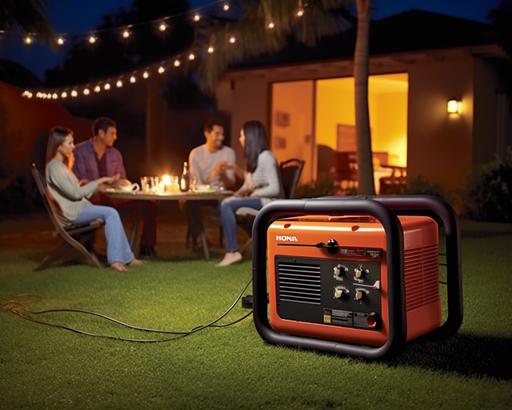 Outside, there is a green lawn on the ground. In the background is a house with yellow lights inside. A family of five, grandparents, father, mother and son, are having dinner happily at home. On the grass is an orange generator set with a black iron frame. Qpower printed on the orange generator set, realistic, professional photography, 1600k. --ar 5:4