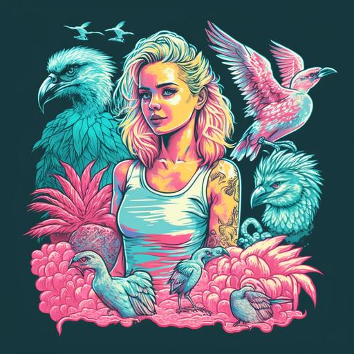 Outstanding emblem for beach party, tshirt design, no text, risography, isometric, vintage stippled shading, pointillistic shading, vector art, synthwave, isometric, symmetrical   pineapples   hot blonde female model   convertible   TROPICAL BIRDS
