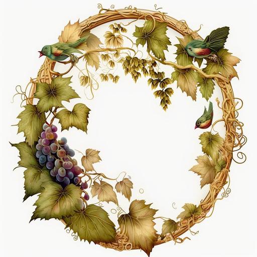Oval birch picture frame, grapes and leafs surrounding, blank
