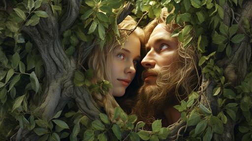 Overwhelmed, Adam and his wife sought refuge, hiding among the garden's trees, away from God's divine presence. Show big only faces of adam and blond Eve. Photo realistic, positive and bright, high detail, high resolution --ar 1920:1080 --v 5.2