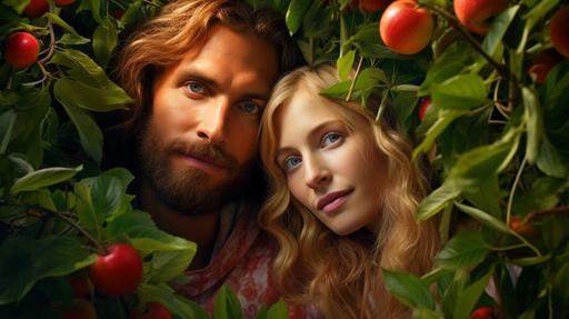Overwhelmed, Adam and his wife sought refuge, hiding among the garden's trees, away from God's divine presence. Show big faces of adam and blond Eve. Photo realistic, positive and bright, high detail, high resolution --ar 1920:1080 --v 5.2