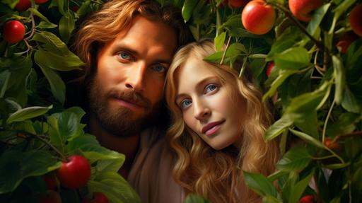 Overwhelmed, Adam and his wife sought refuge, hiding among the garden's trees, away from God's divine presence. Show big faces of adam and blond Eve. Photo realistic, positive and bright, high detail, high resolution --v 5.2 --ar 1920:1080