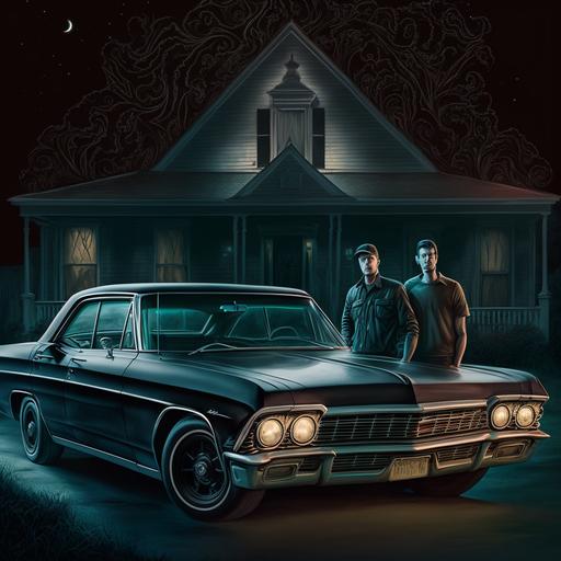 sam and dean winchester standing in front of 1967 chevvy impala, at night, creep house in the background, glowing streetlight, a black cat on the car, ghost in the house in the window, house in the middle of nowhere, hyper realistic, cinematic, 8k, detailed, beautiful, breathtaking