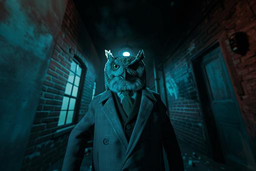 Owl from the book Winnie the Pooh is dressed in an Armani suit. It is a scene from a gritty 1970s cop show. He is Mr Big in a Criminal Enterprise. He is an Owlman. The lighting of the scene is bluegreen. Unreal engine, High resolution, natural Lighting, Moody Lighting, Cinematic Lighting, 8K , 4K , hyper realistic, realism, photographic, photorealistic , ultra photoreal , ultra detailed, intricate details, ray tracing NOT an Illustration --chaos 0 --ar 3:2 --v 6.0