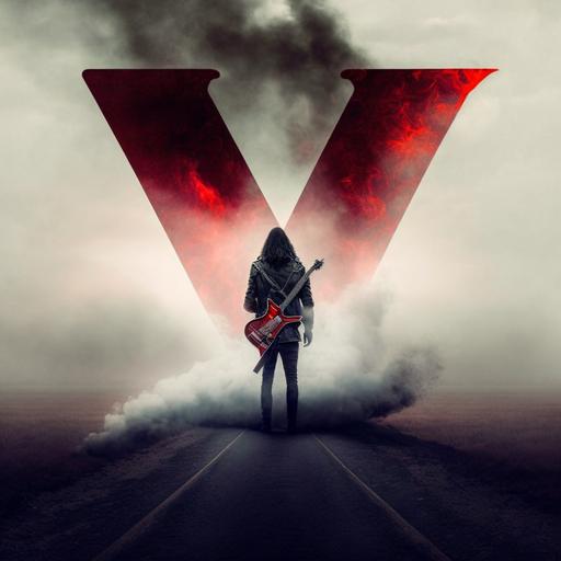 Big V litter sign on big battlefield with the smoke ray from the sky, dark and sad atmosphere, a man with long black hair stand in the shadow with red electric guitar V shape