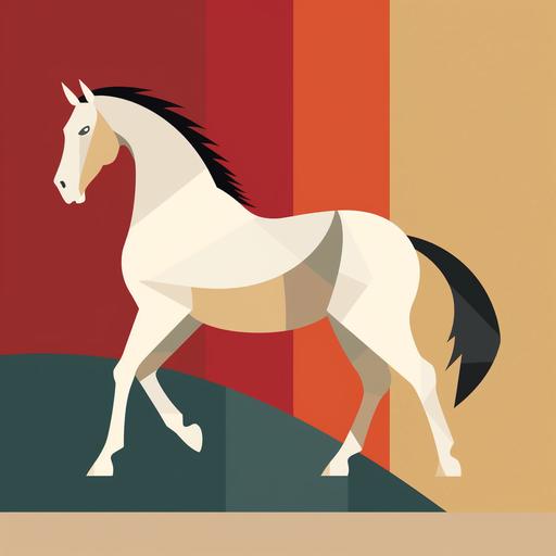an artistic impression of horse. Color palette is limited and inspired by the colors of the Mediterranean. The image looks like its been produced using illustrator by professional graphic designer. It's simple and polished. Block colour. Minimalist. Art deco. Flat finish. Similar to a vintage cocktail poster in feel. Stature of horse horse is atomically accurate.