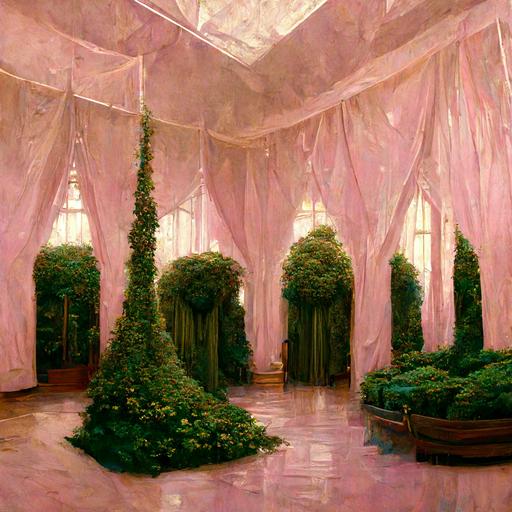 PALE PINK TENTED ROOM WITH SMALL LEAFY VINE TRELLIS CEILING SURROUNDING INDOOR AQUA POOLS WITH WITH SMALL PINK FLOWERS CLIMBING ON LEAFY VINES UPON THE SHEER SILKY PALE PINK CURTAINS WHICH ARE HANGING AND DRAPING OVER THE AQUA POOLS WITH GREEN GRASS SURROUNDING THE PERIMETER WITH WATER FOUNTAIN IN MIDDLE OF POOL SURROUNDED BY THE PINK HIBISCUS FLOWER :: TOPIARY TREES.