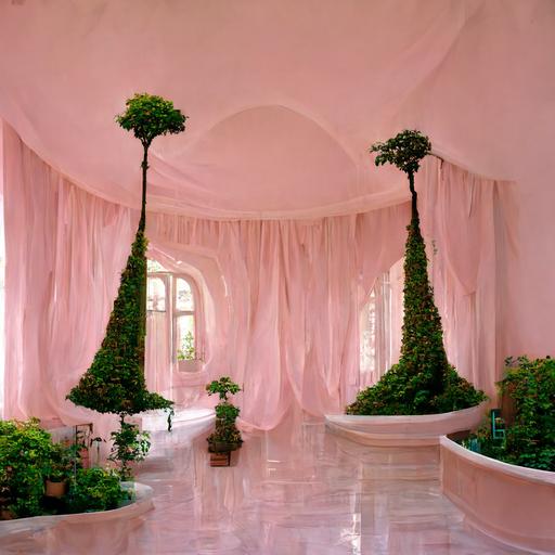 PALE PINK TENTED ROOM WITH SMALL LEAFY VINE TRELLIS CEILING SURROUNDING INDOOR AQUA POOLS WITH WITH SMALL PINK FLOWERS CLIMBING ON LEAFY VINES UPON THE SHEER SILKY PALE PINK CURTAINS WHICH ARE HANGING AND DRAPING OVER THE AQUA POOLS WITH GREEN GRASS SURROUNDING THE PERIMETER WITH WATER FOUNTAIN IN MIDDLE OF POOL SURROUNDED BY THE PINK HIBISCUS FLOWER :: TOPIARY TREES.