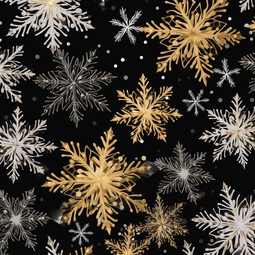 PATTERN: Gold and silver snowflakes, black background, creating a festive and enchanting winter theme