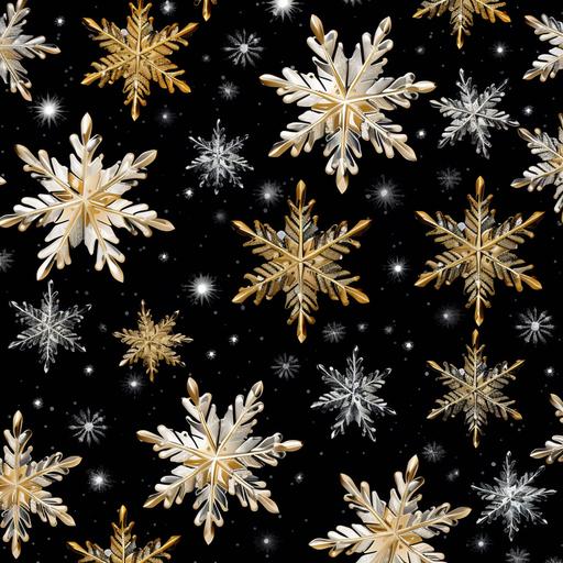 PATTERN: Gold and silver snowflakes, black background, creating a festive and enchanting winter theme