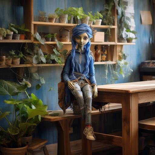 PHOTOREALISTIC ELF DOLL WEARING BLUE CLOTHES IN A CLASSROOM WITH PLANTS AND RUSTIC WOOD