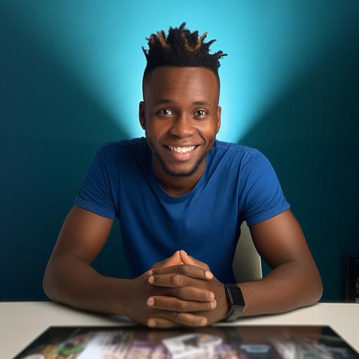 PNG RENDER OF A YOUNG MAN SITTING AT A MODERN MARBLE DESK LOOKING INTO THE CAMERA, THE MAN IS WEARING A DARK Blue Tee Shirt, FILMMAKER NEON BLUE BACKGROUND, SCRUFFY SHORT Mohawk HAIR, HANDS ON TABLE, African American SKIN TEXTURE, CINEMATIC, WARM, SOFT LIGHTING, CLOSE PORTRAIT SMILING, 24MM LENS, F/1.4, AR 9:16, IN THE STYLE OF A DISNEY PIXAR CHARACTER.