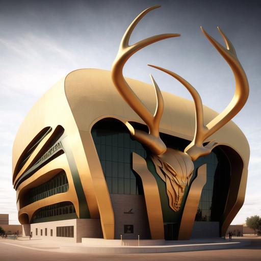 A NBA stadium made of gold with the Milwaukee bucks logo on the exterior